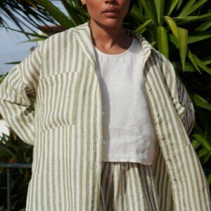 Linenfox Vika Olive Stripe Button Up